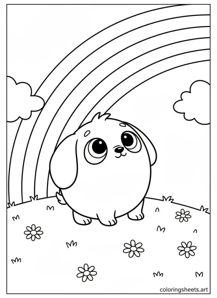 Cinnamoroll standing under a big summer rainbow coloring page