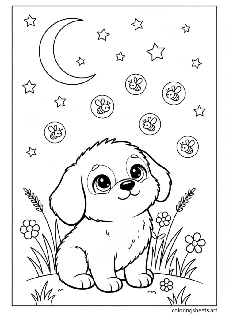 Cinnamoroll watching fireflies on a summer night coloring page
