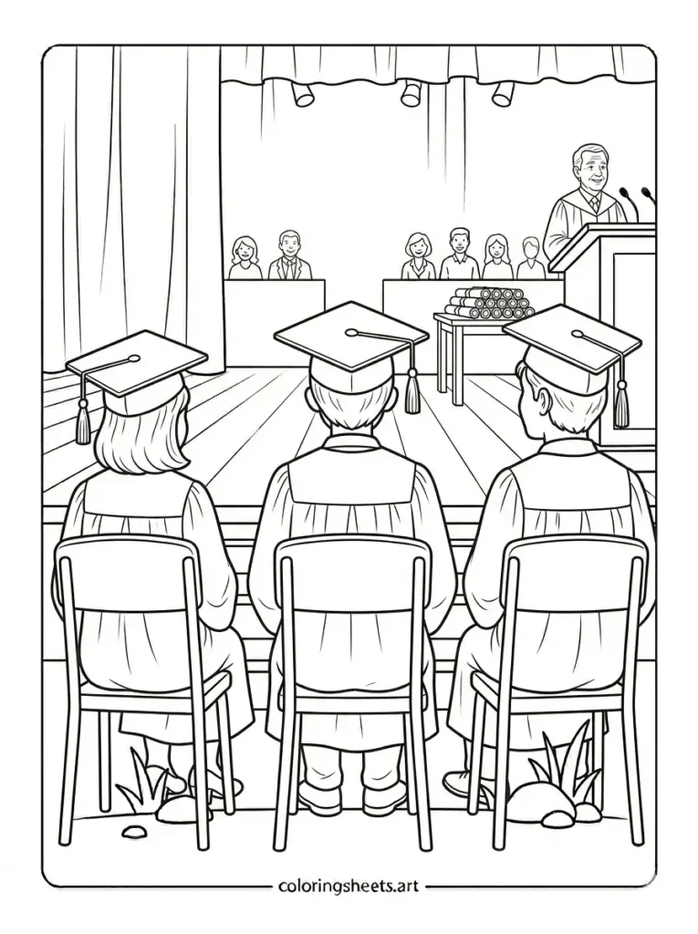 Class of graduates coloring pages for kids printable sitting in row