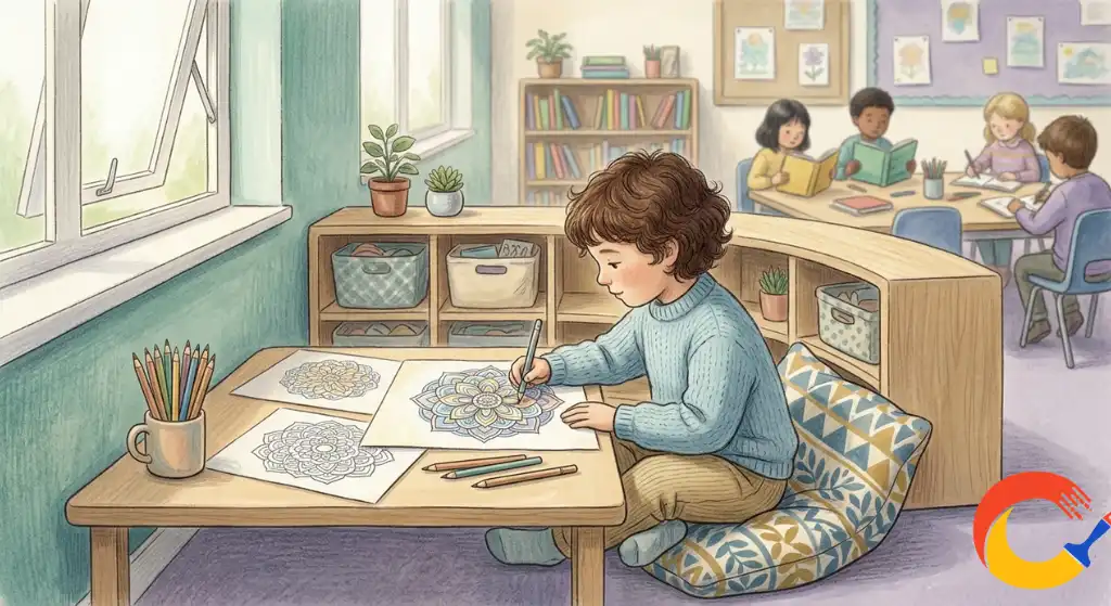 A quiet classroom corner with a small table and mandala coloring pages for calming down