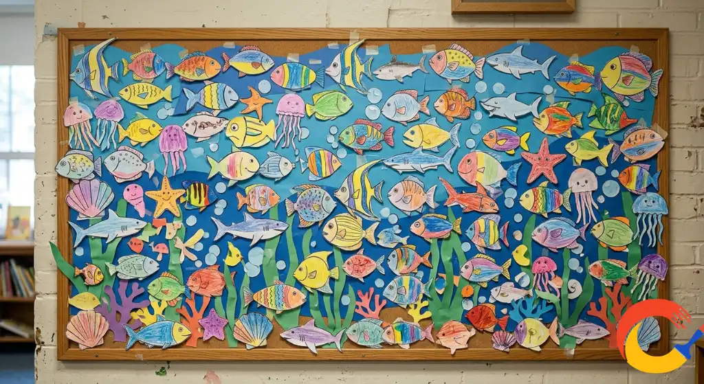 A classroom bulletin board mural made from multiple colored ocean coloring pages taped together