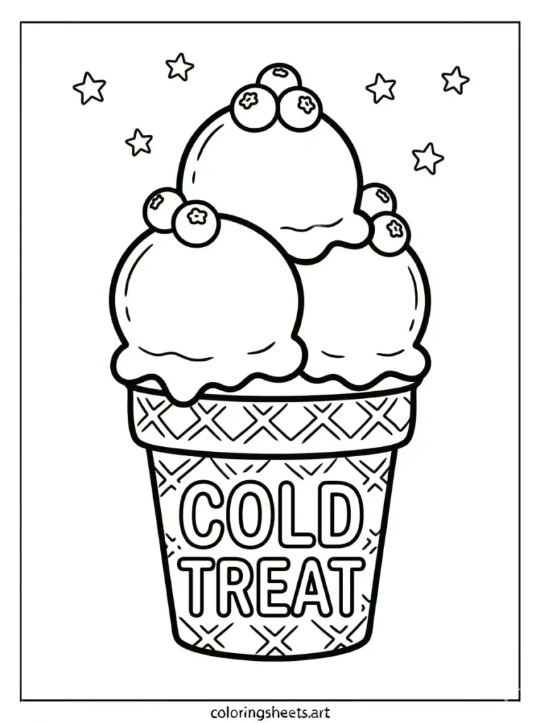 COLD TREAT text on waffle cone coloring sheet for kids