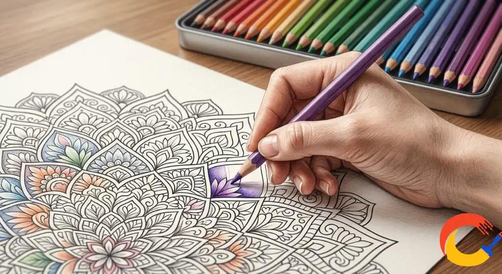 Colored pencils being used to carefully shade a detailed mandala coloring page