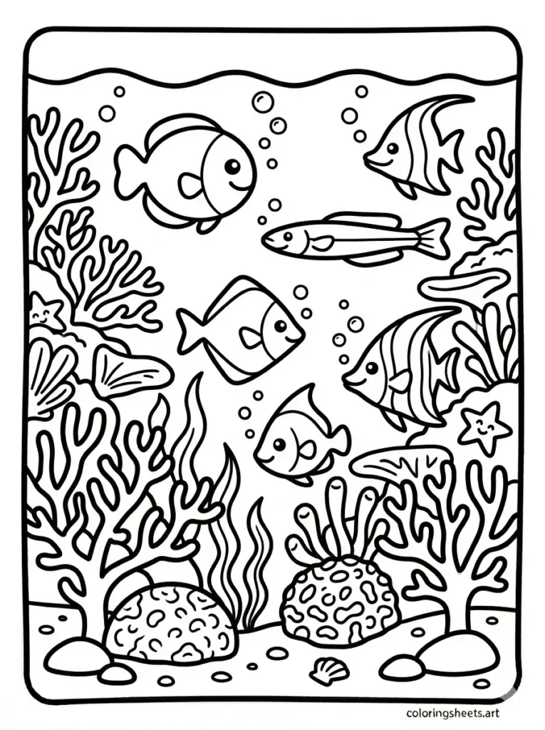 Free printable ocean coloring pages for kids featuring a vibrant coral reef with many colorful fish