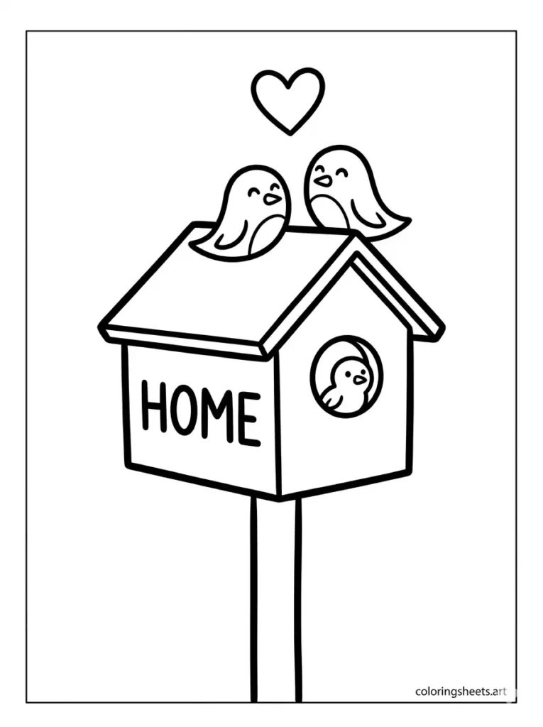 Bird family moving into new birdhouse congratulations coloring page for toddler