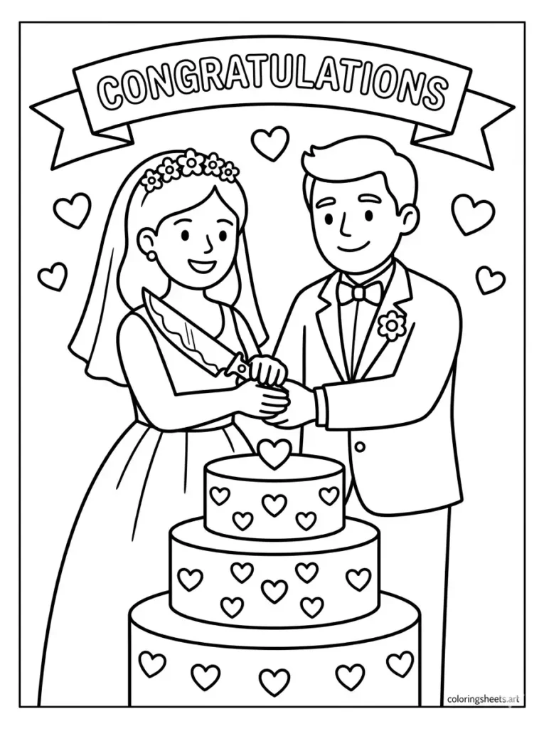 Bride and groom cutting wedding cake congratulations coloring page