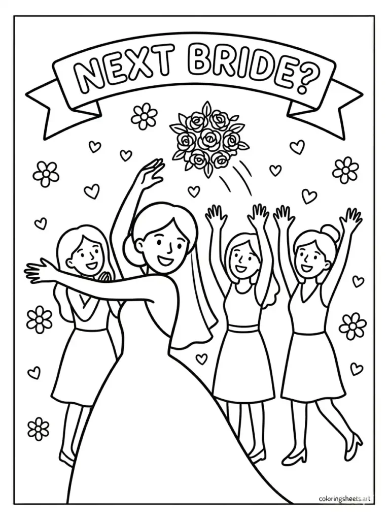Bride tossing bouquet congratulations coloring page for kids