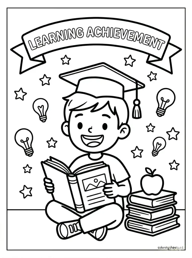 Child reading a book with graduation cap achievement congratulations coloring page
