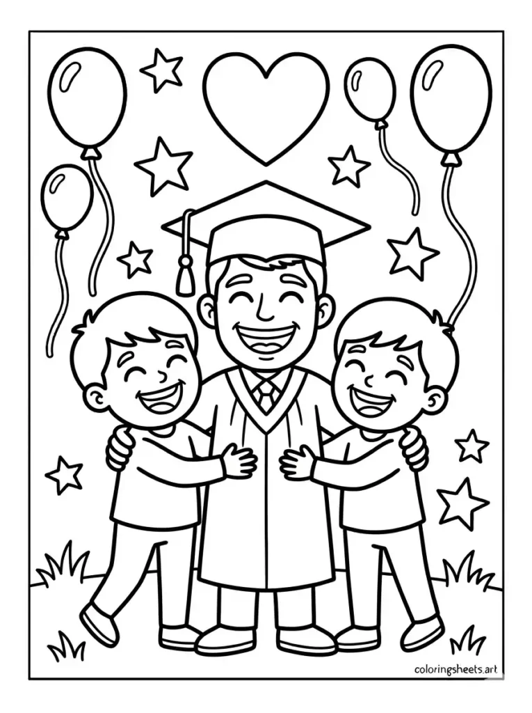 Family hugging graduate congratulations coloring page for kids
