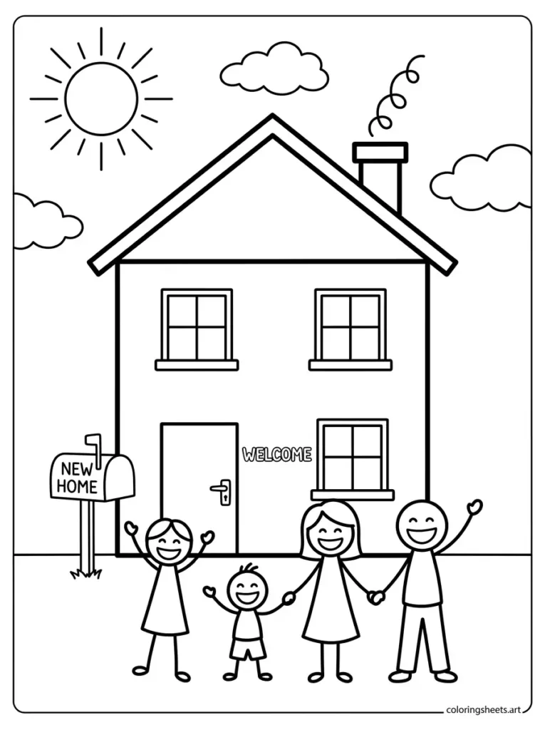 Family in front of new house congratulations coloring page for kids