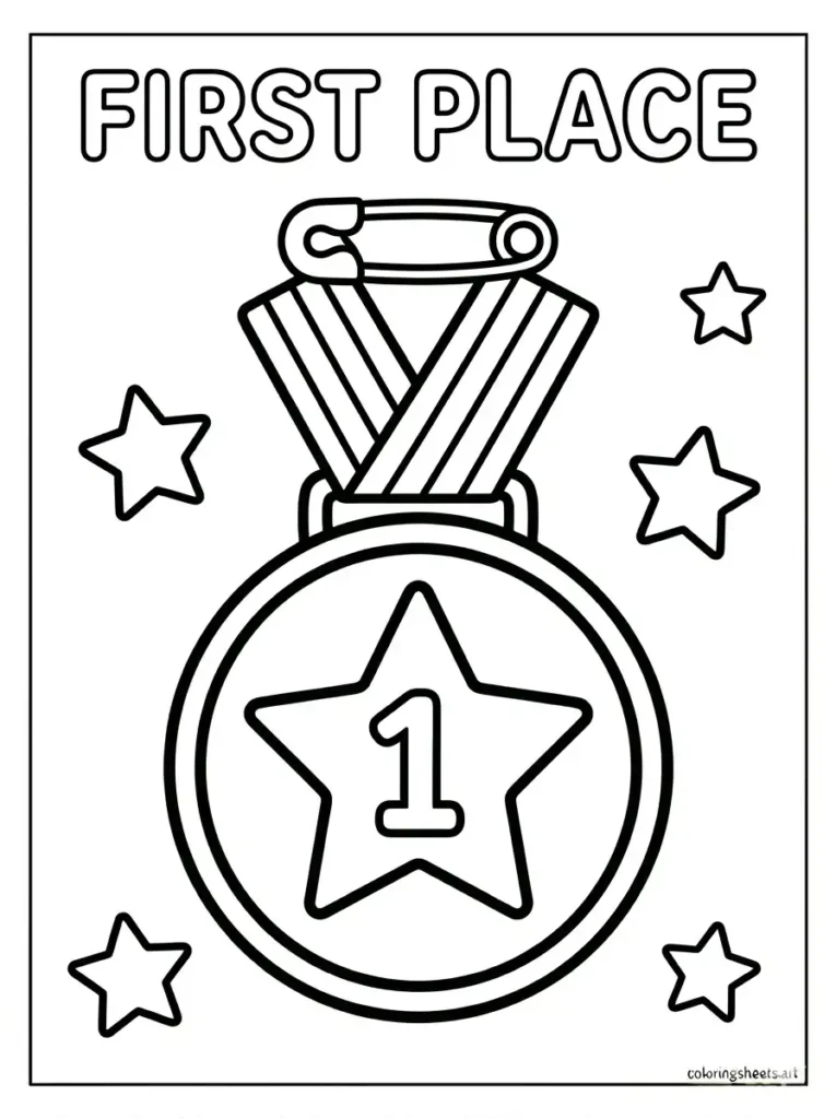 First place medal on ribbon congratulations coloring page for toddler
