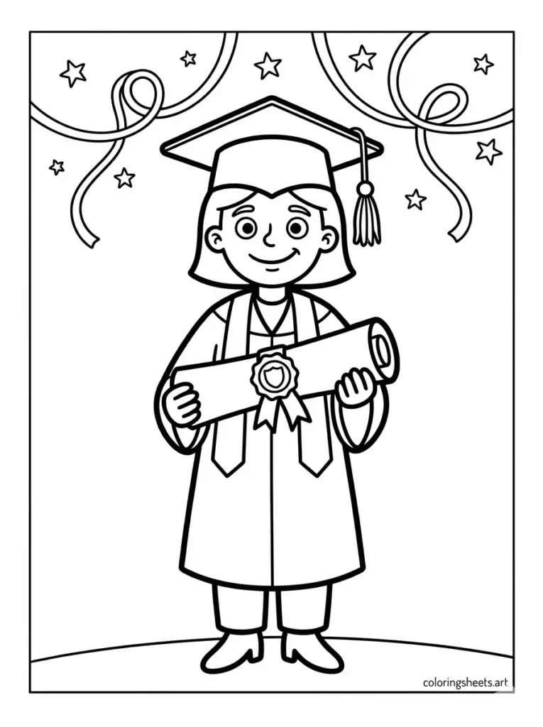 Proud graduate holding diploma with seal congratulations coloring page