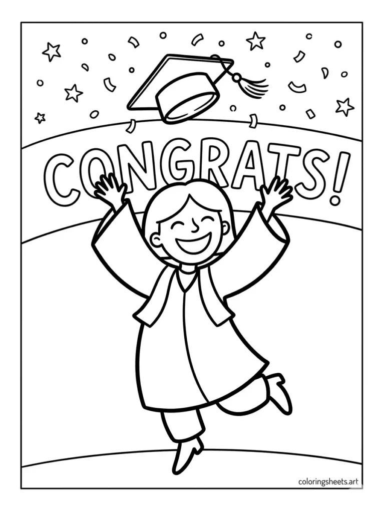Graduate tossing cap in the air congratulations coloring page for kids