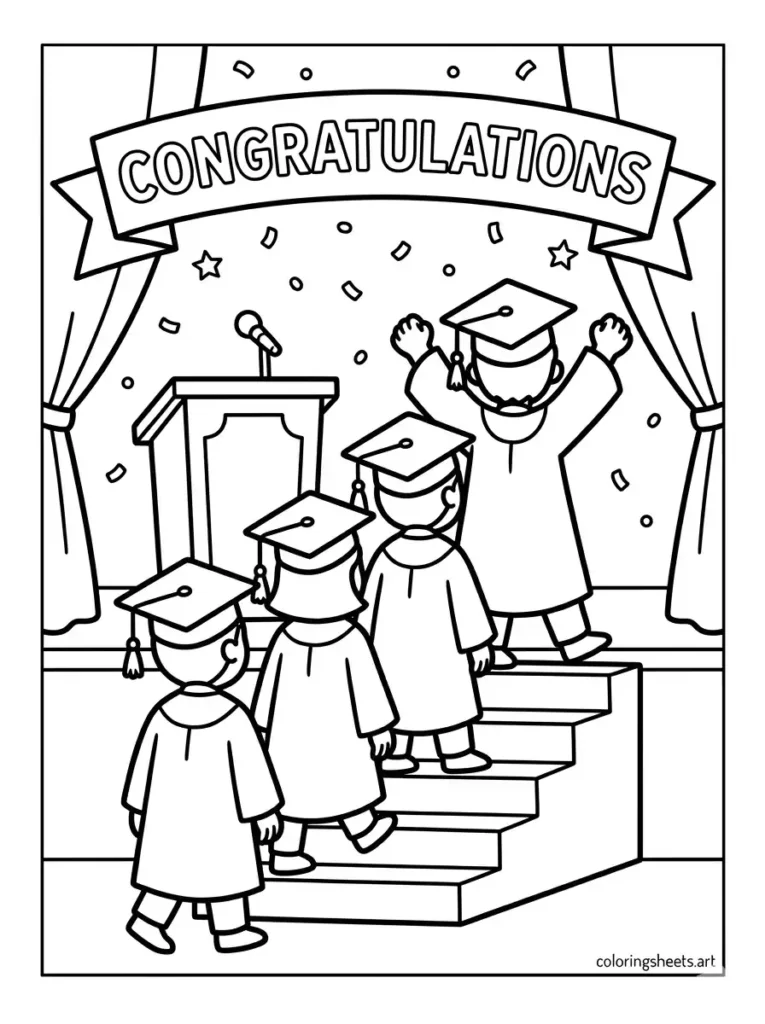 Row of graduates walking across stage congratulations coloring page