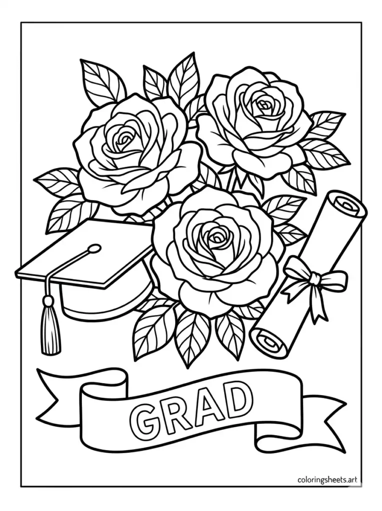 Graduation cap diploma and roses congratulations coloring page for adults