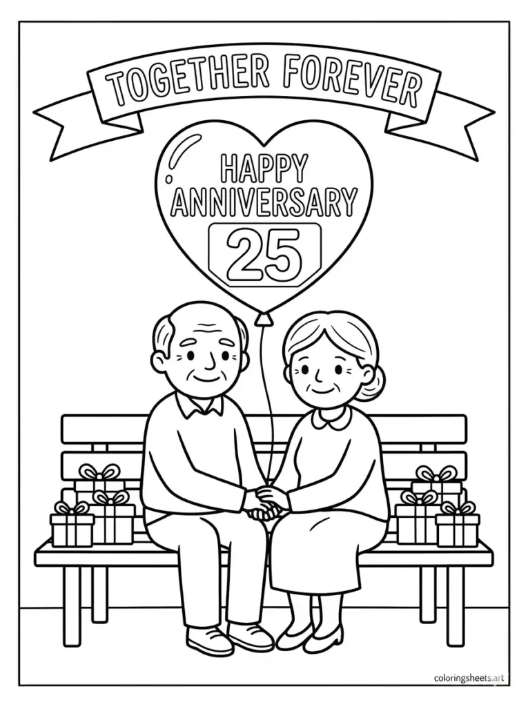 Happy anniversary couple with heart balloon congratulations coloring page for kids