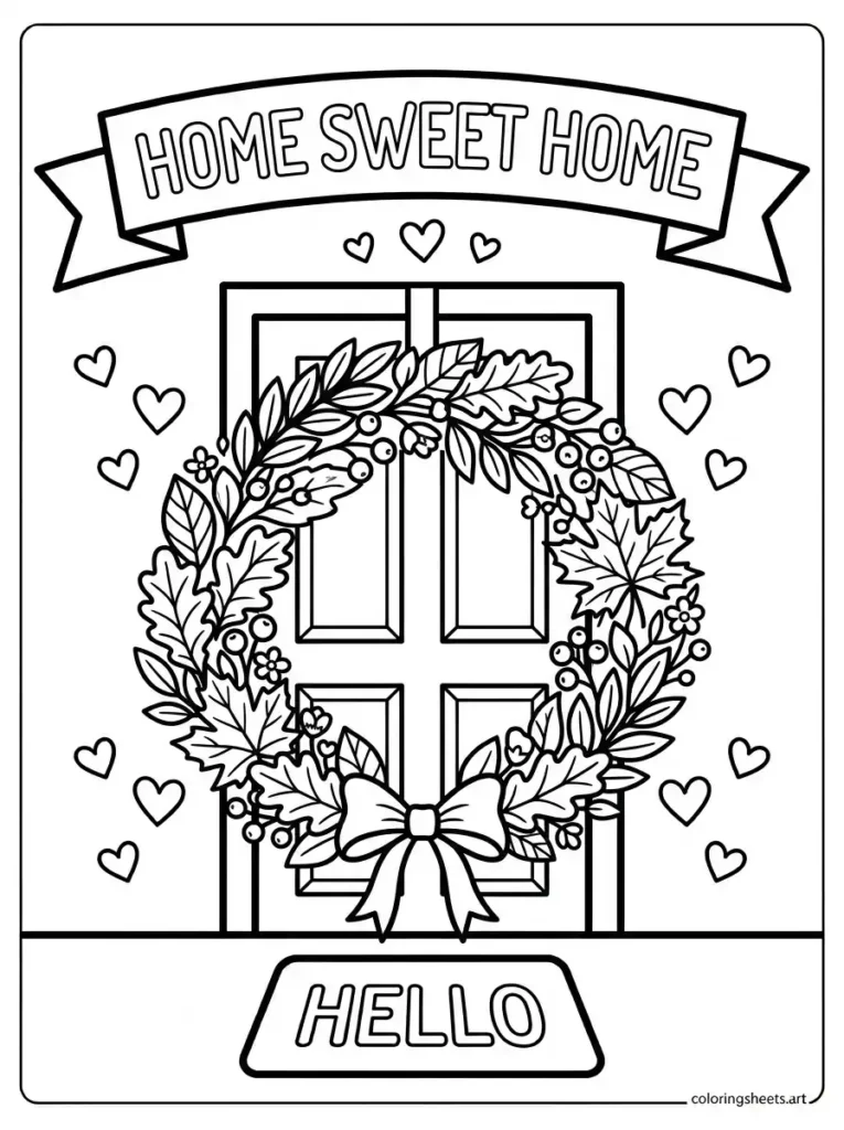 Home sweet home wreath congratulations coloring page for adults