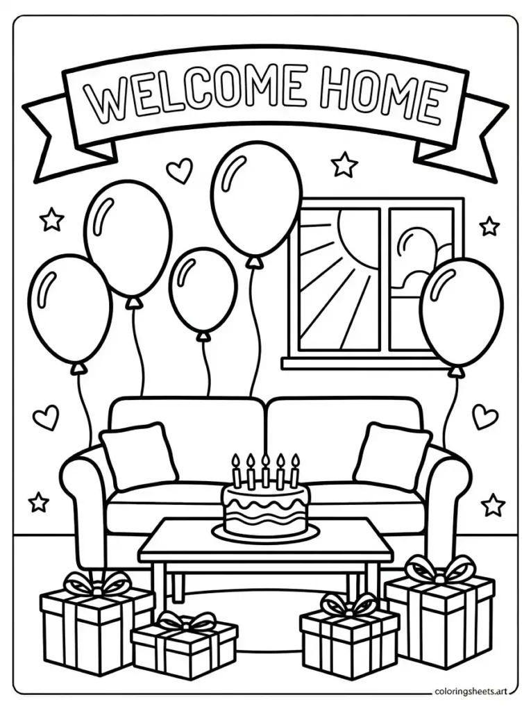 Housewarming party with balloons and gifts congratulations coloring page for kids