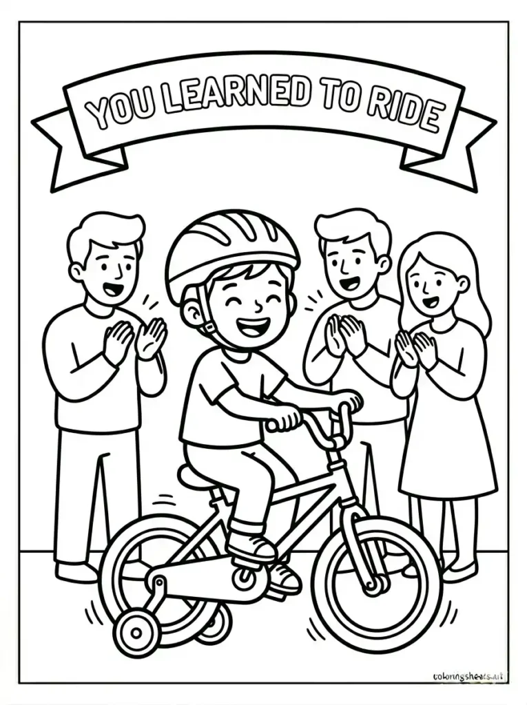 Learning to ride bike with helmet congratulations coloring page