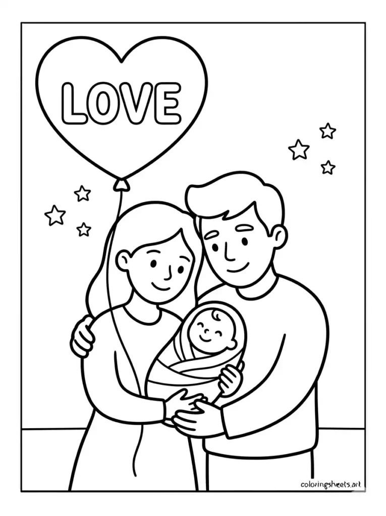 Mom dad and new baby with heart balloon congratulations coloring page free