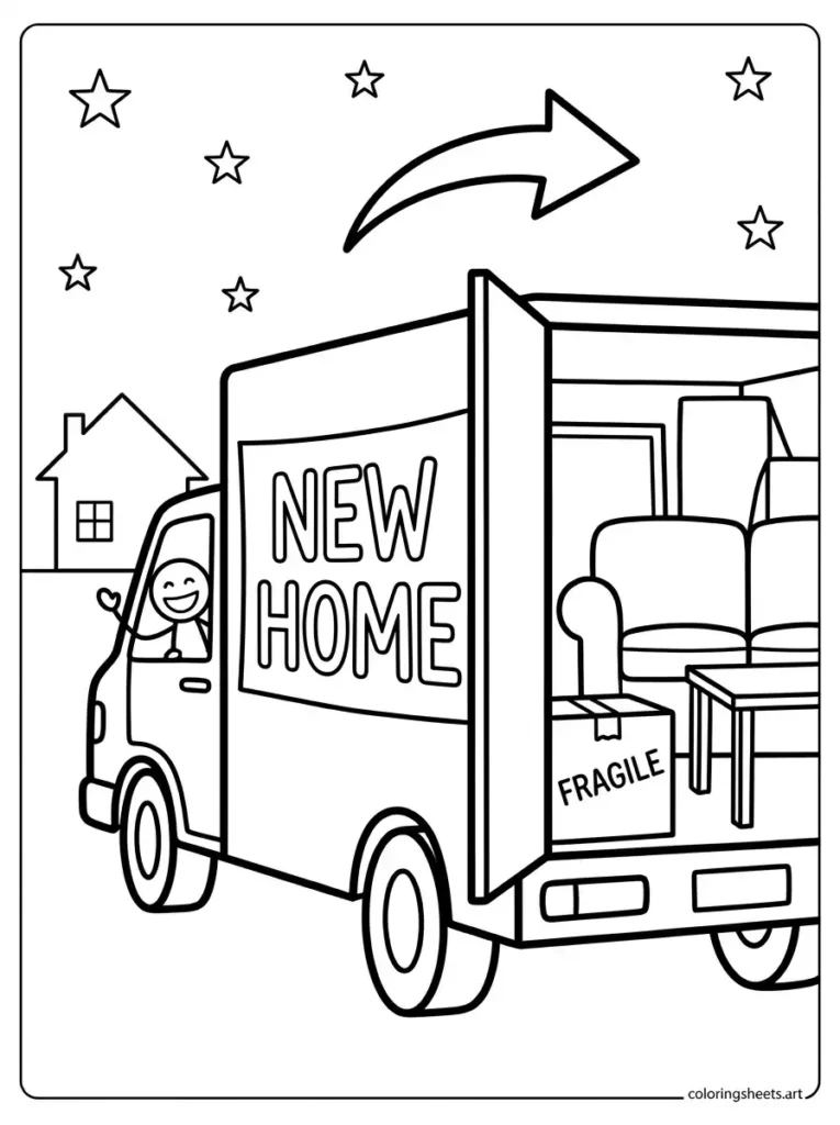 Moving truck with furniture congratulations coloring page