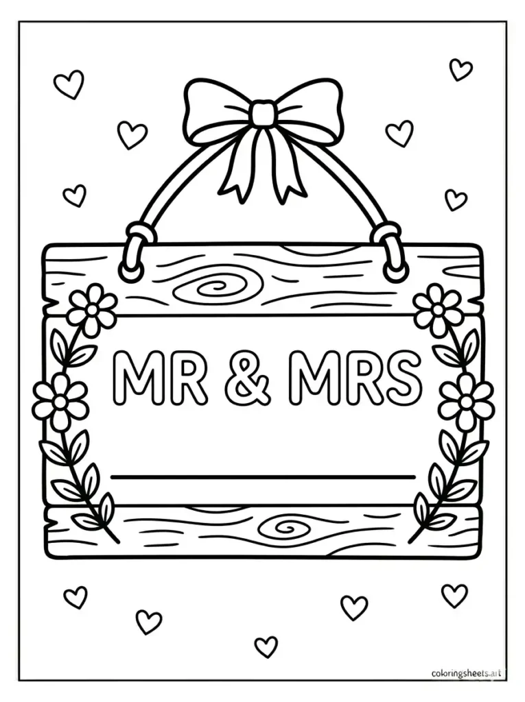 Mr and Mrs newlywed sign congratulations coloring page free printable