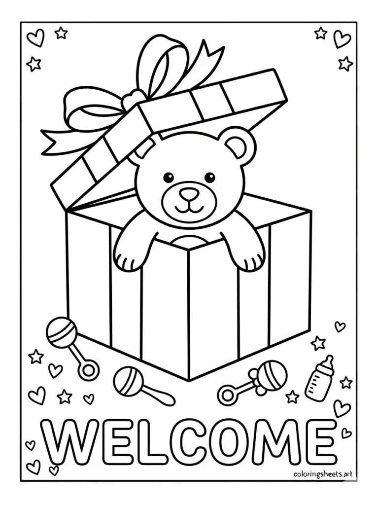 New baby gift box and teddy bear congratulations coloring page