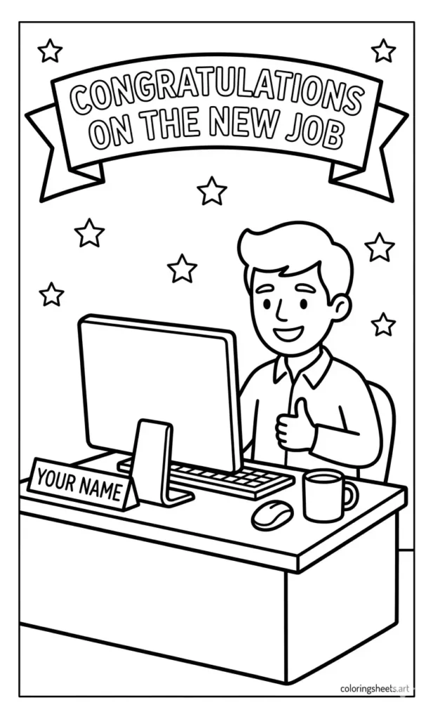 New job desk and computer congratulations coloring page for kids