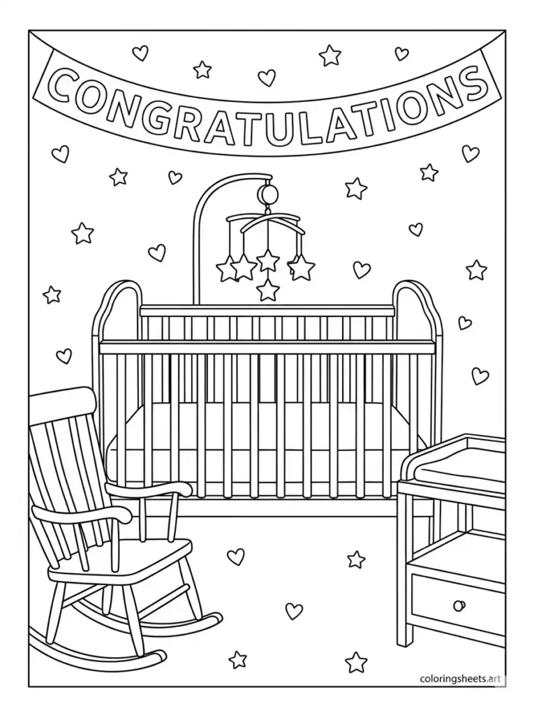 Baby nursery crib and mobile congratulations coloring page for adults