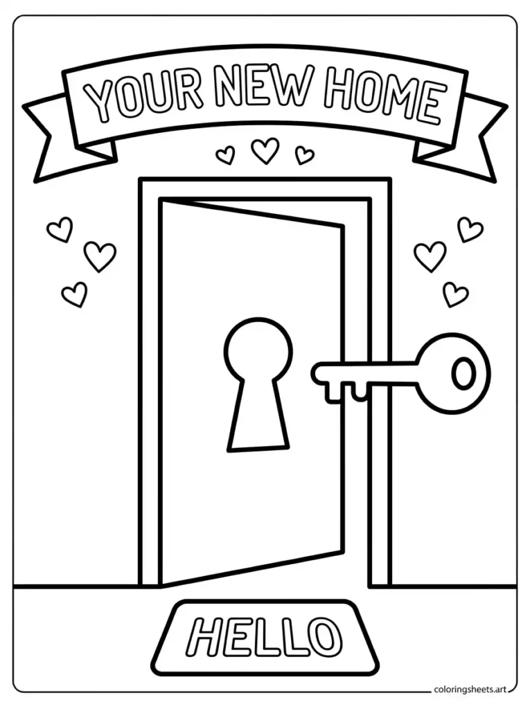 Open house door with large key welcome coloring page for toddlers