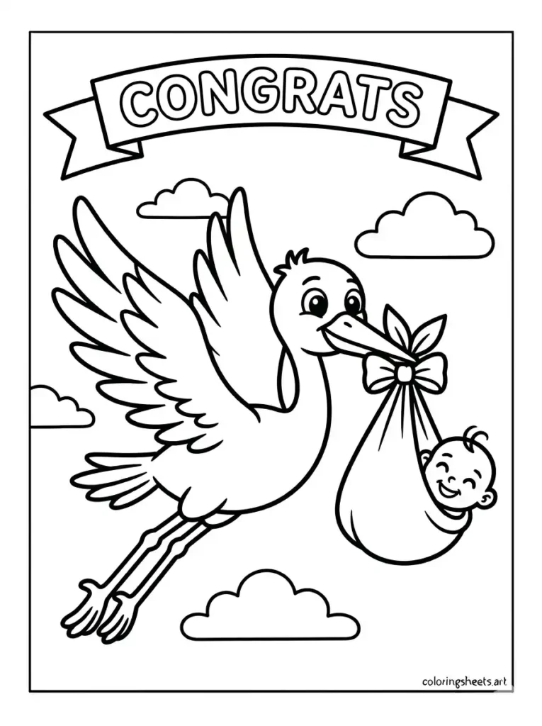 Stork carrying baby bundle congratulations coloring page for toddler