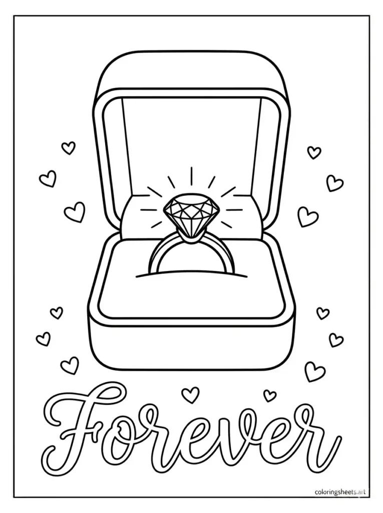 Wedding ring box with diamond sparkle congratulations coloring page for adults