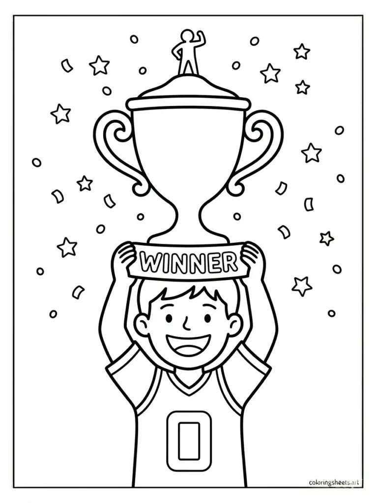 Young athlete holding trophy congratulations coloring page for kids