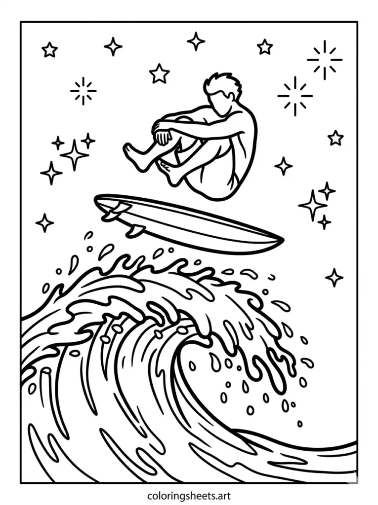 Cool surfer doing an aerial flip over a wave coloring page for kids