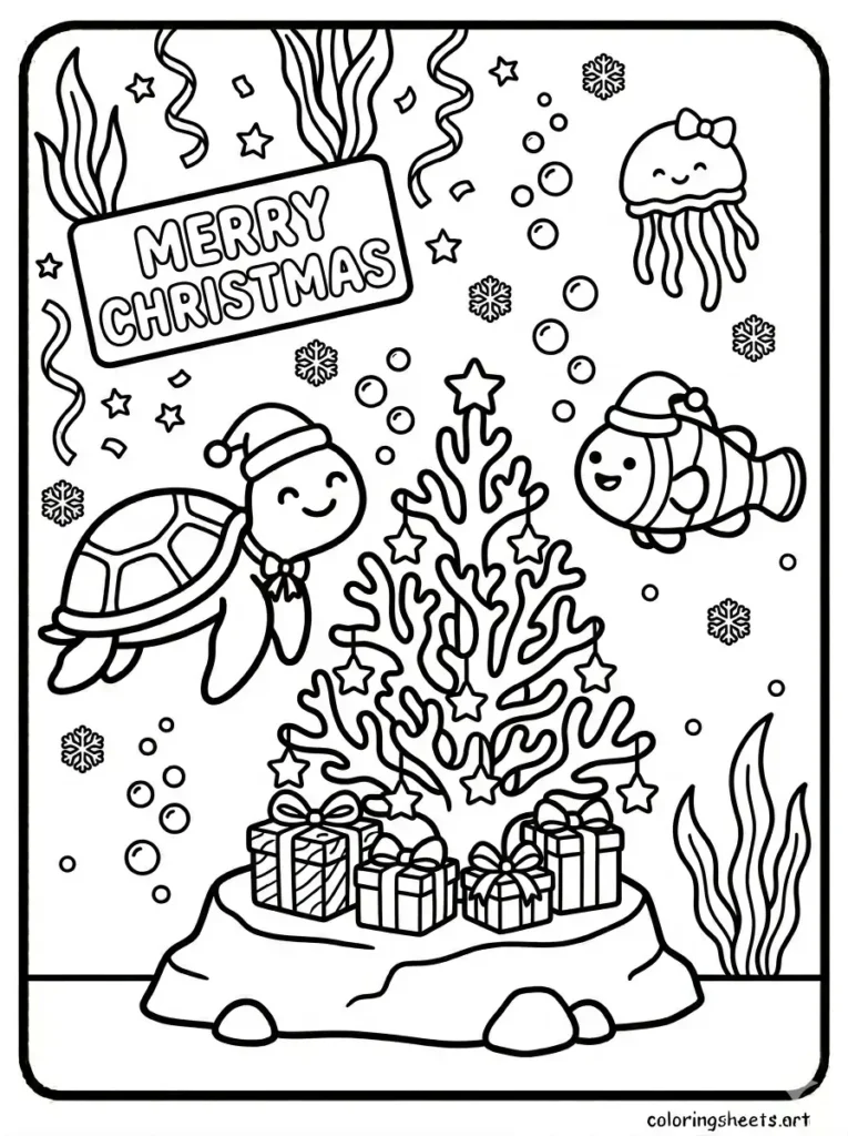 Ocean coloring pages for kids printable with an underwater Christmas scene and gift boxes
