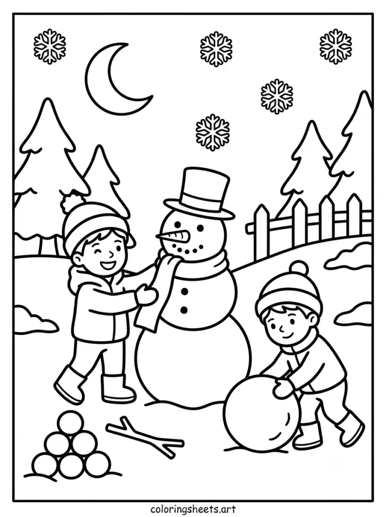 Building a snowman with a scarf and hat cozy Christmas coloring page for kids free