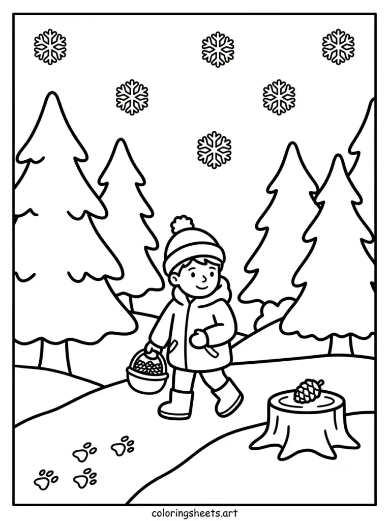 Collecting pinecones in the woods cozy Christmas coloring page for kids free