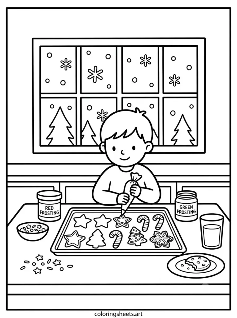 Decorating sugar cookies with sprinkles cozy Christmas coloring page for kids