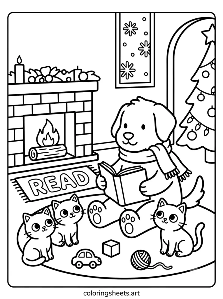 Dog reading a Christmas story to kittens cozy coloring page for kids free