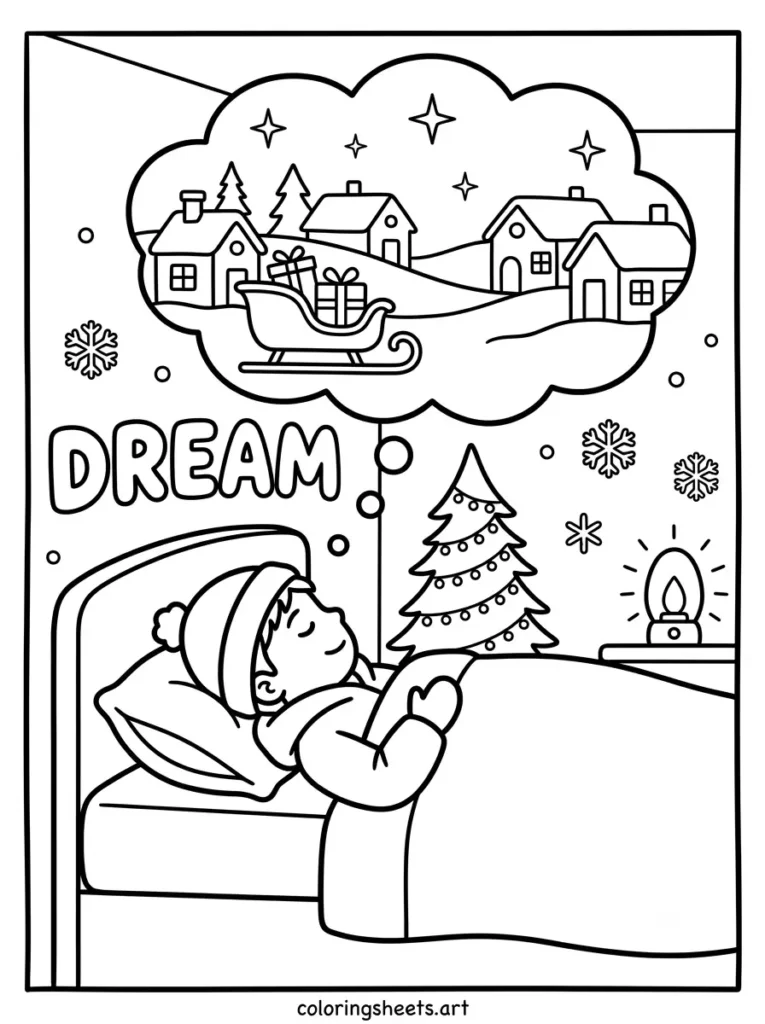 Dreaming of a white Christmas cozy coloring page for kids free