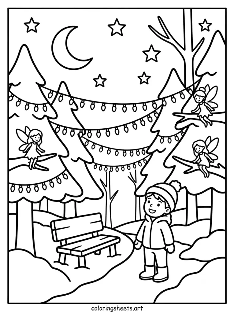 Fairy lights in a magical forest cozy Christmas coloring page for kids