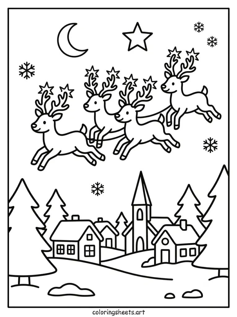 Flying reindeer over a sleeping town cozy Christmas coloring page for kids