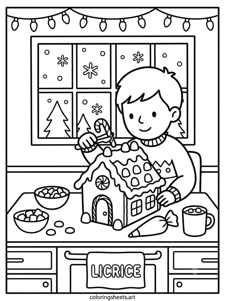 Grandma's pie baking in the oven cozy Christmas coloring page for kids