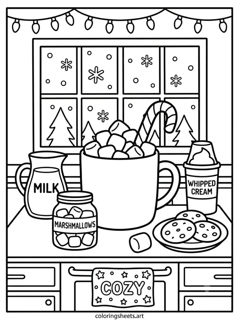 Hot cocoa station with marshmallows cozy coloring page for toddlers