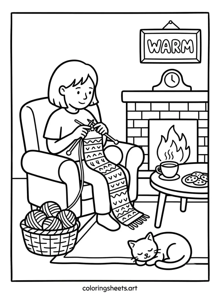 Knitting a warm scarf by the fire cozy Christmas coloring page for adults free
