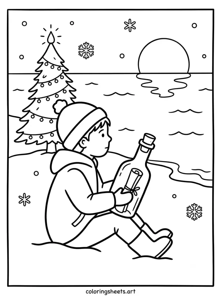 Letter to Santa in a bottle cozy Christmas coloring page for kids