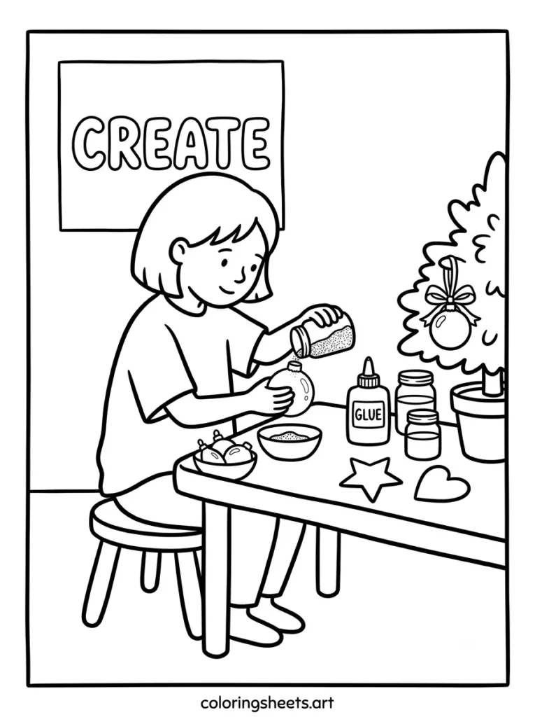 Making ornaments with glitter and glue cozy Christmas coloring page for kids