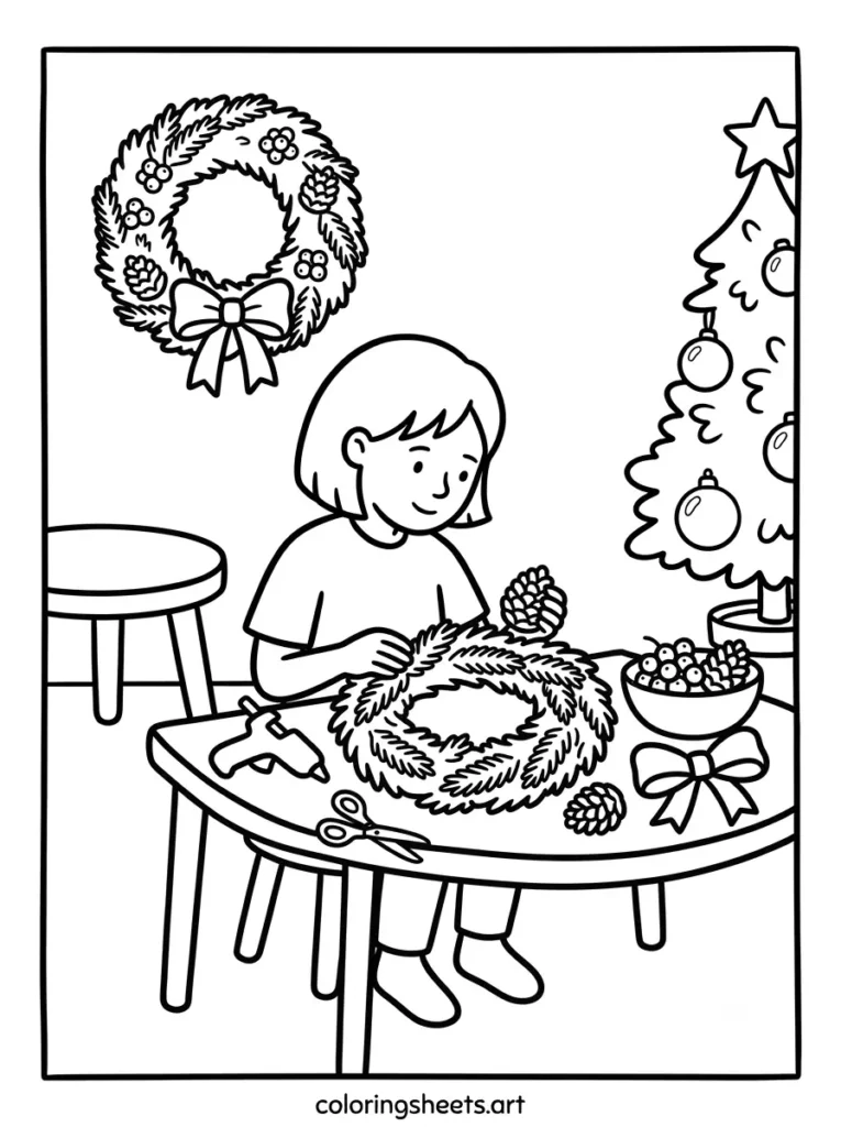 Making a Christmas wreath with pinecones cozy coloring page for toddlers