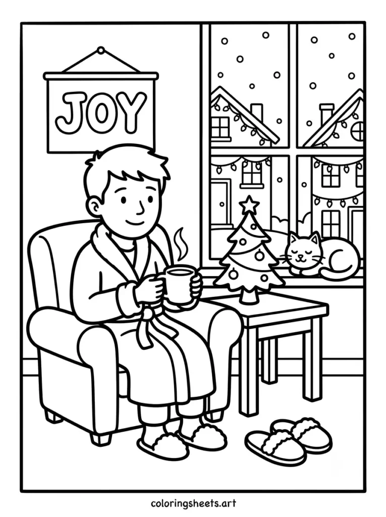 Morning coffee and Christmas lights cozy coloring page for kids free
