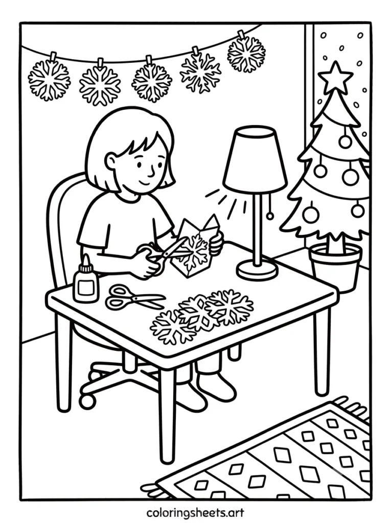 Making a paper snowflake garland cozy Christmas coloring page for kids free